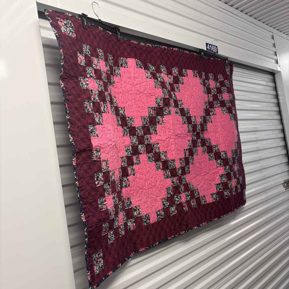 Handcrafted Pink and Burgundy Quilt Throw - Picture 3 of 4